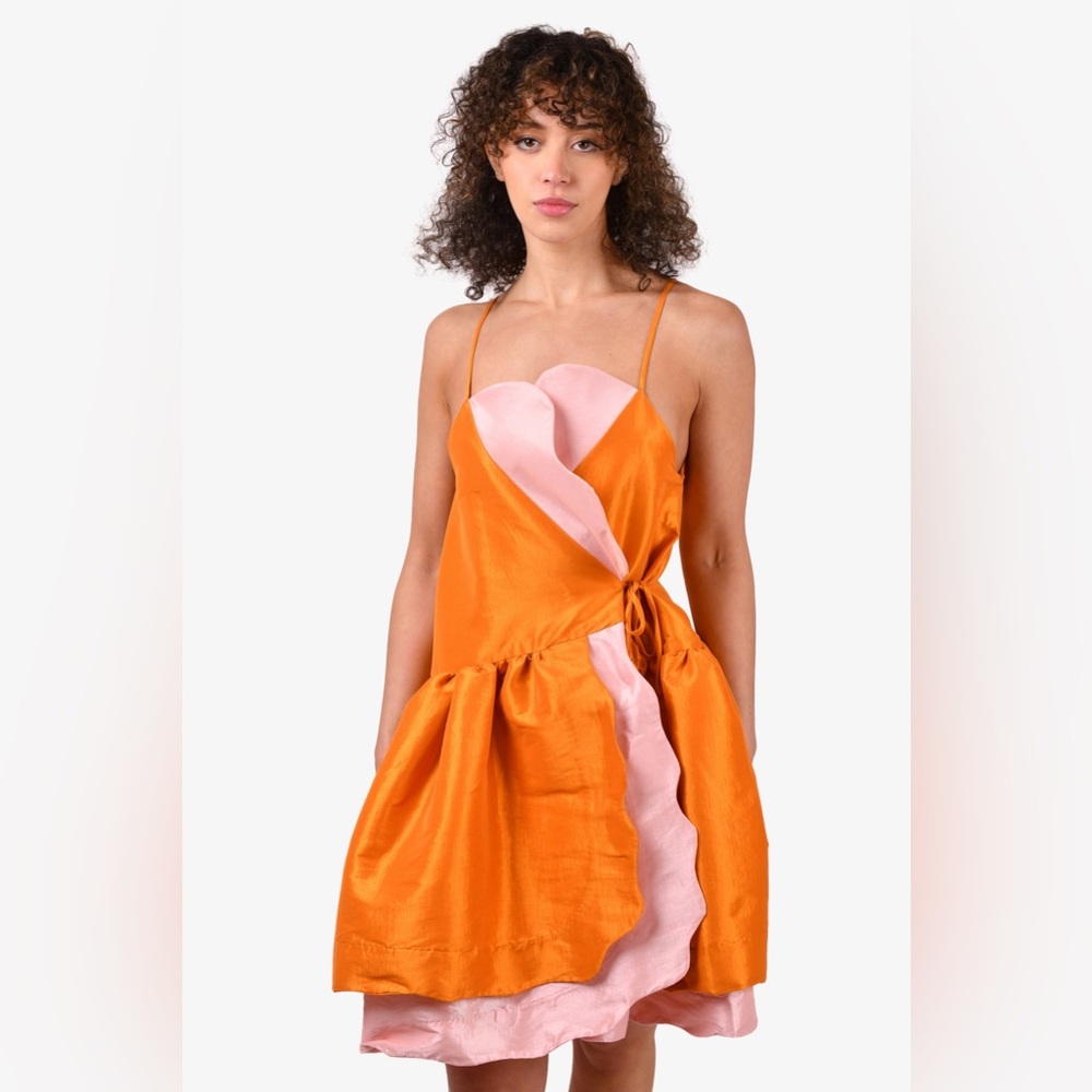 KIKA VARGAS ORANGE/PINK SILK BLEND TAFFETA RUFFLE 'RUTH' MINI DRESS SIZE S